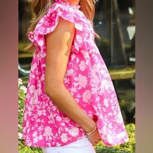 NWT Pink Barbie Blouse JMarie Fluer Pink White Flower Pleated Blouse Medium